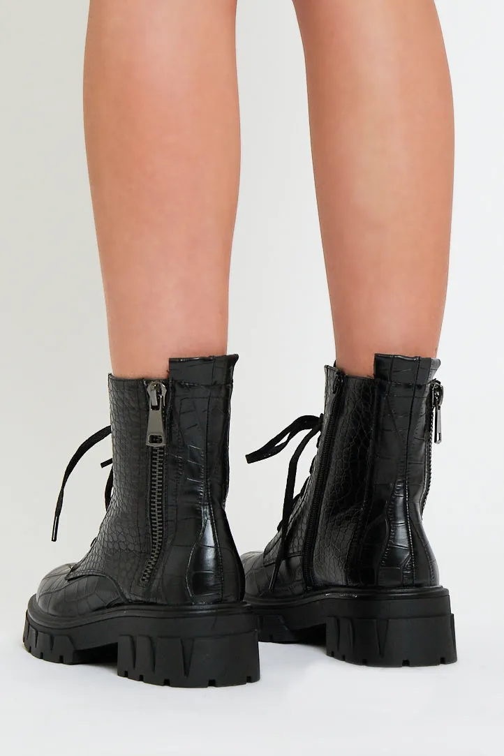 Black Faux Croc Leather Chunky Sole Boots - Myla