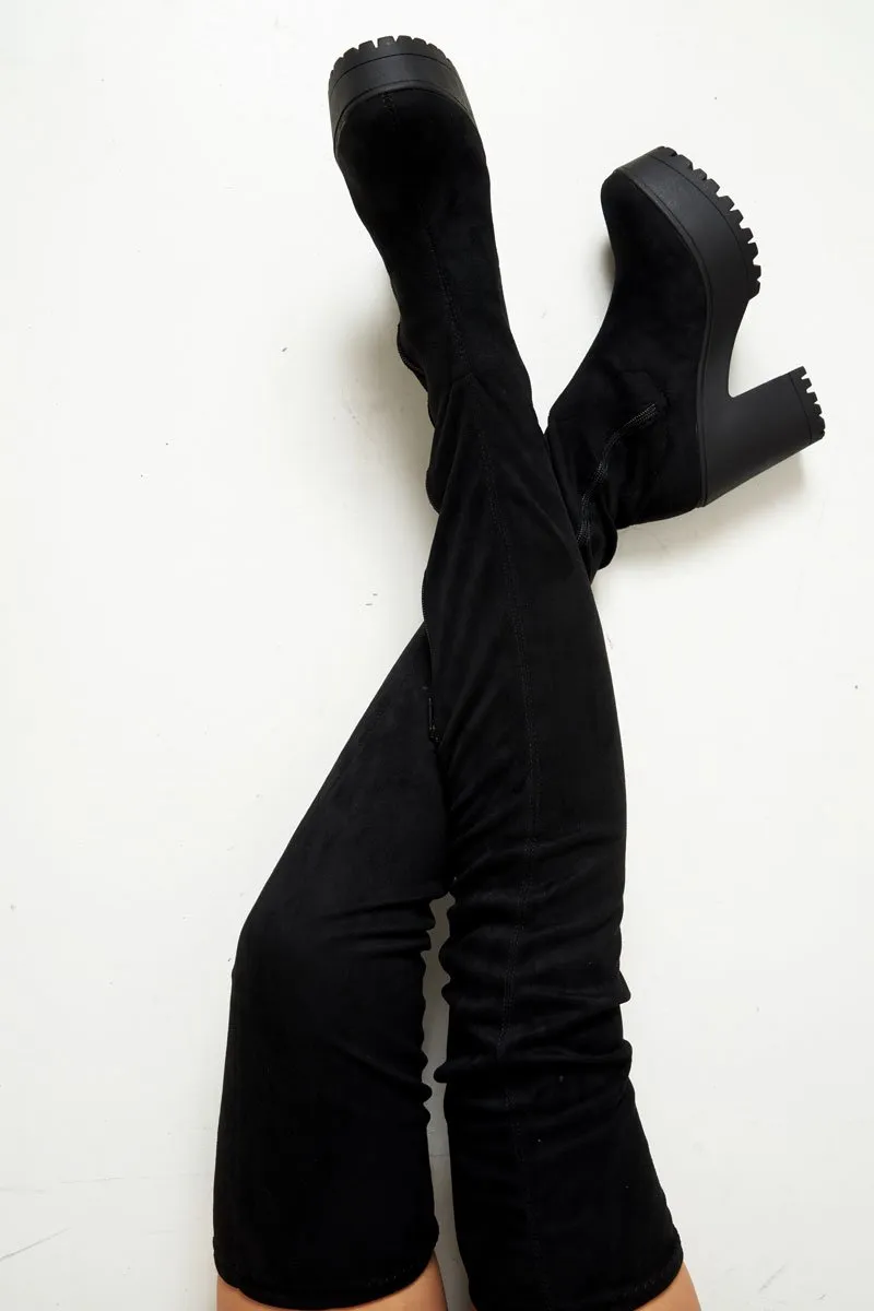 Black Faux Suede Thigh High Boots - Vayda