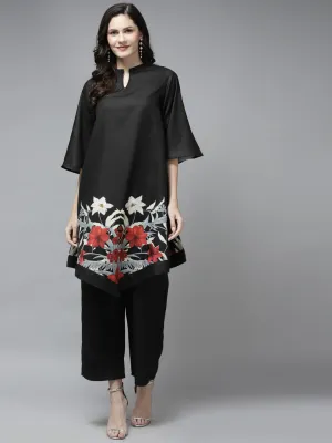 Black Floral Printed Kurta With Palazzos