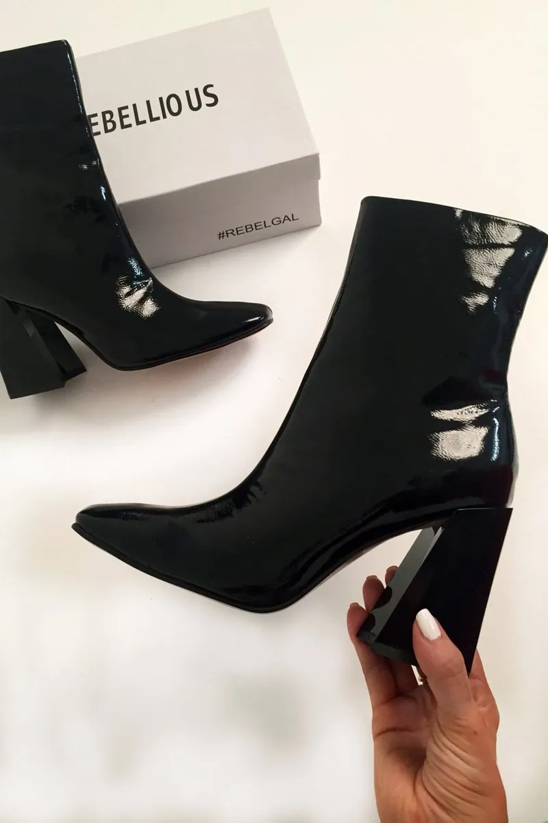 Black Patent Block Heel Ankle Boots - Aariyana