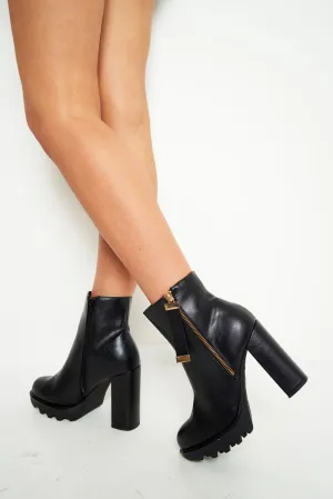 Black Pu Block Heel Zip Side Boots - Seraphine