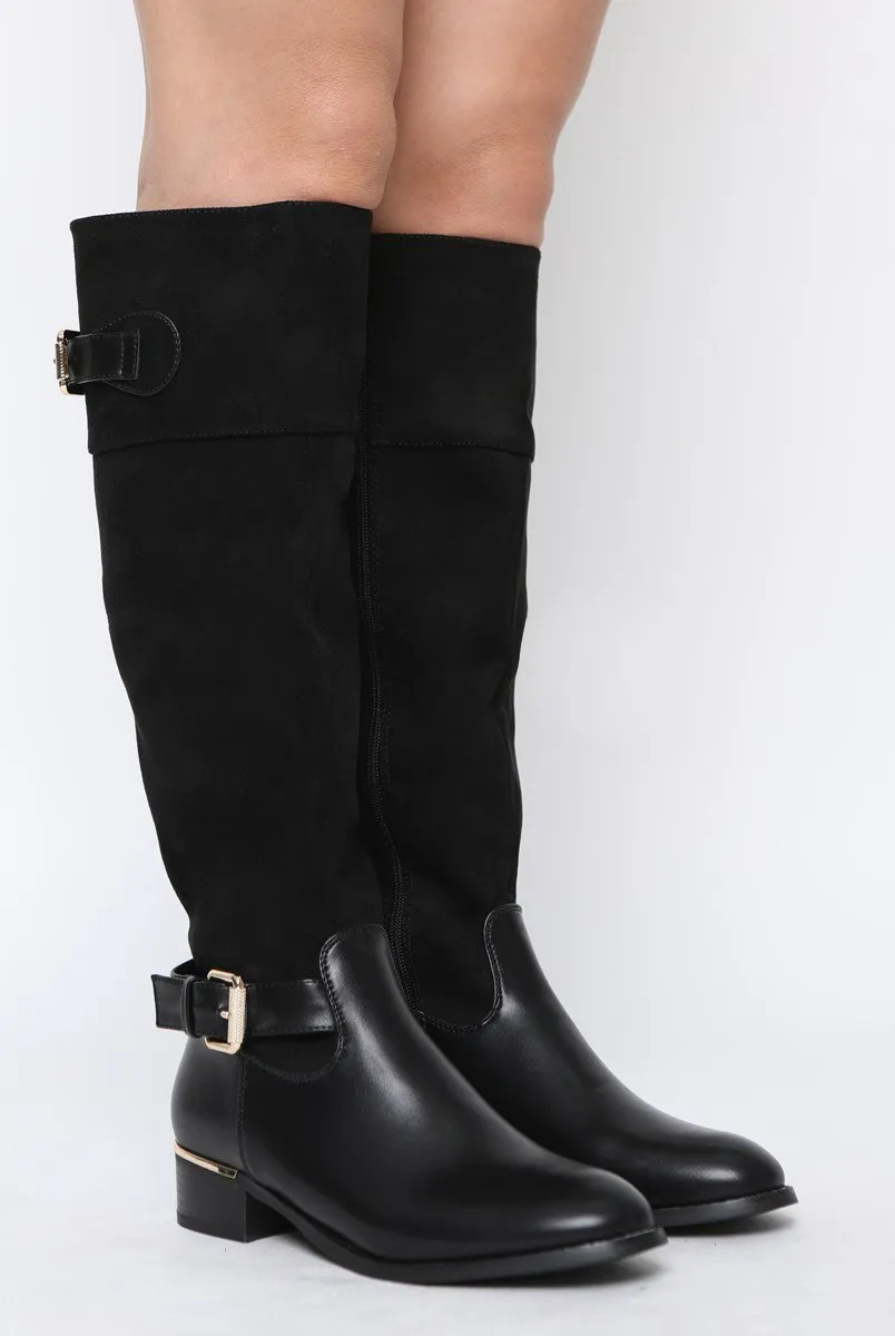 Black Suede Buckle Gold Detail Long Boots - Dori