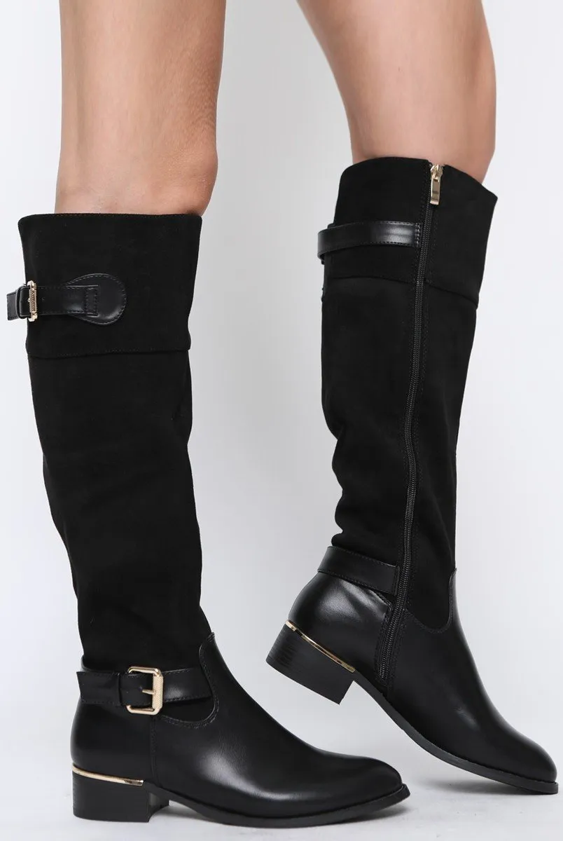 Black Suede Buckle Gold Detail Long Boots - Dori