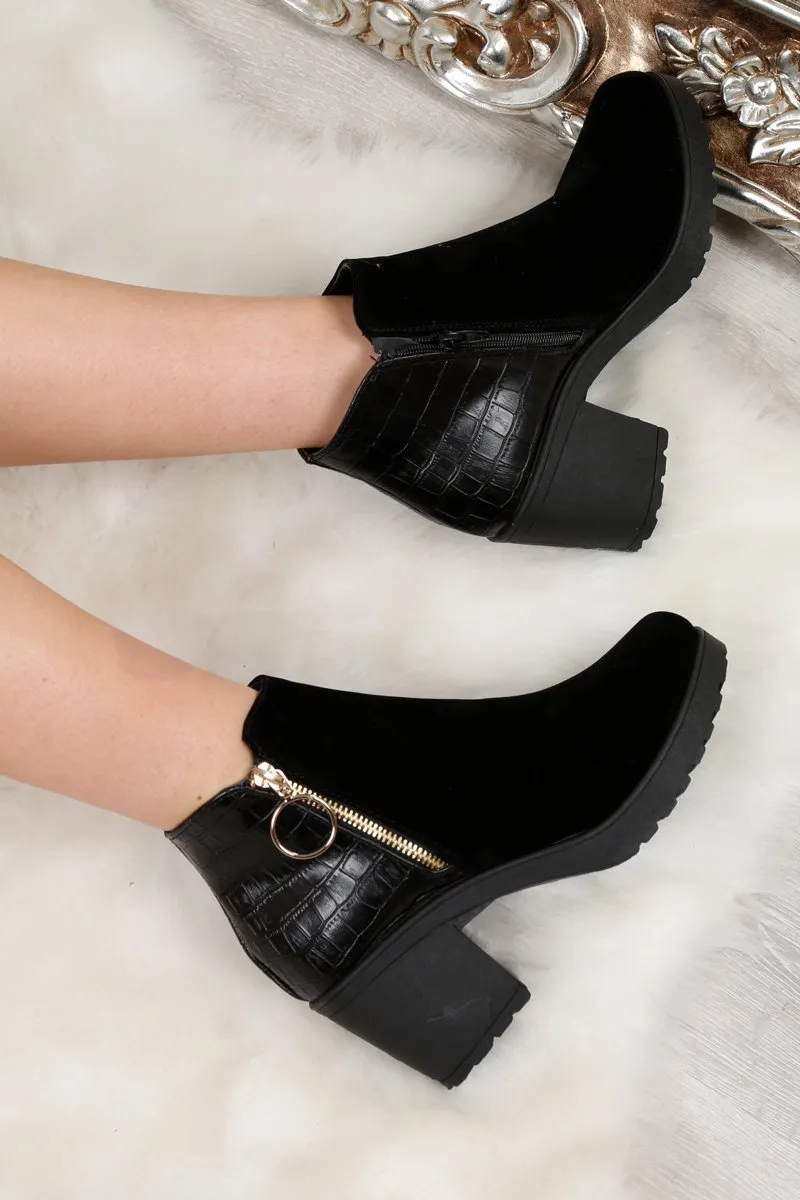 Black Velvet and PU Ring Zip Boots - Cynthia