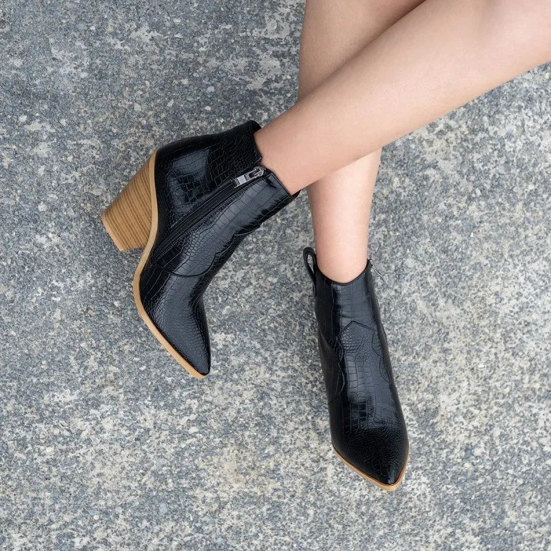 Block heel high heel pointed toe boots