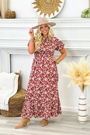 Burgundy Floral Print Short Sleeve Maxi Dress