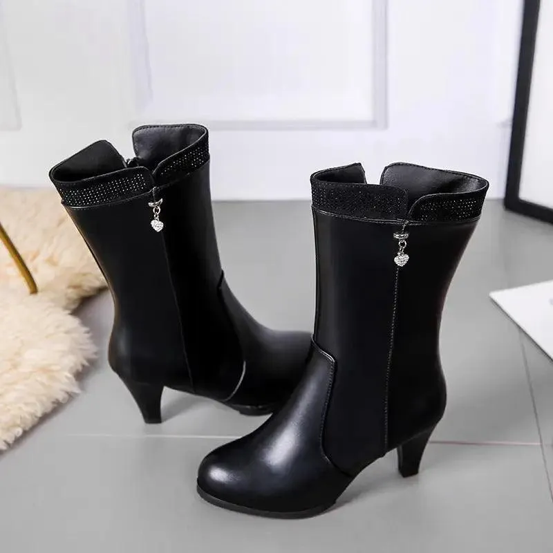 Chic Heart Charm Zipper High Heel Boots - Versatile Winter Fashion