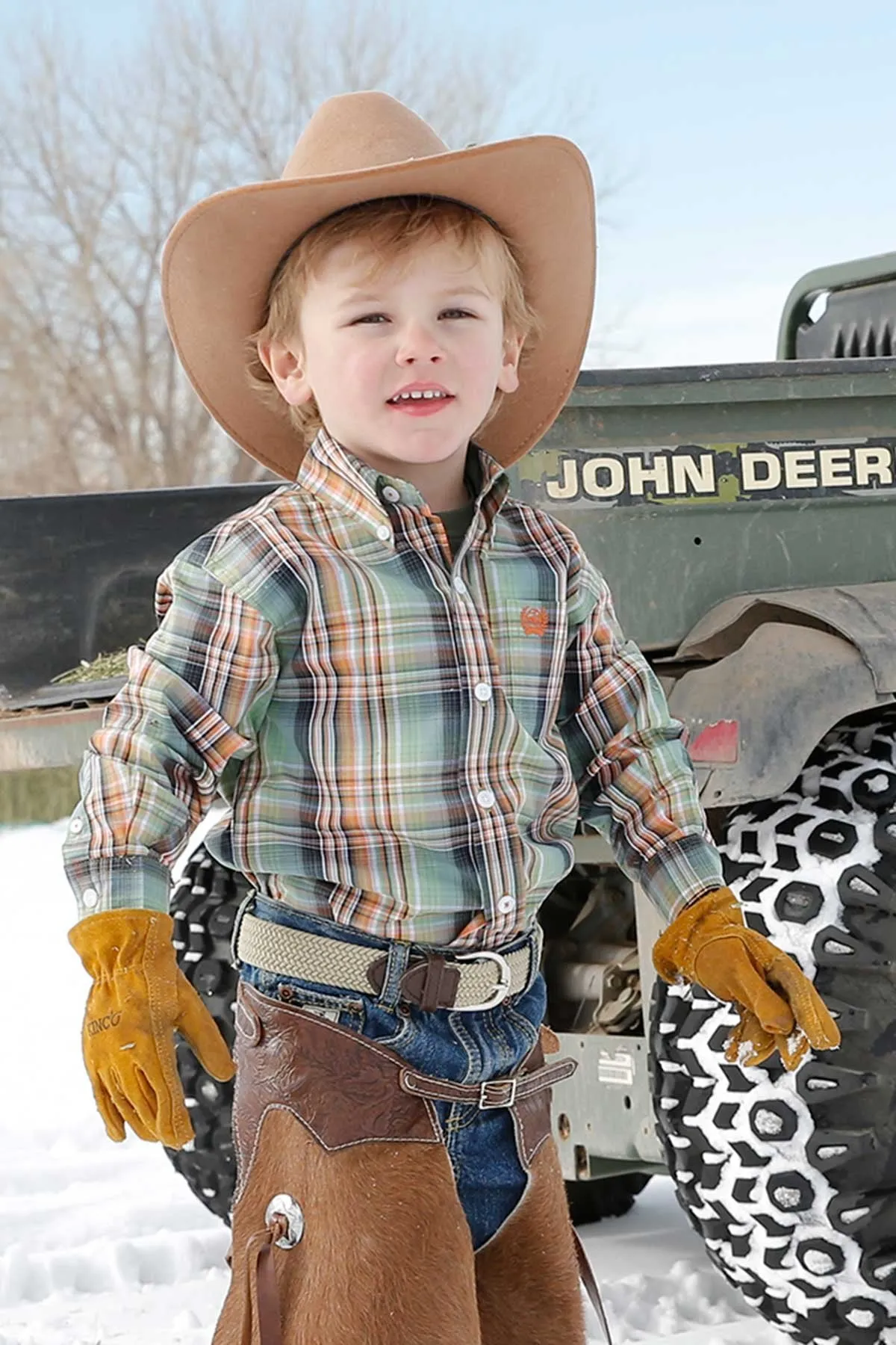 Cinch Boys Toddler Match Dad Medallion Button Down L/S Shirt - Green/Orange - MTW7061296