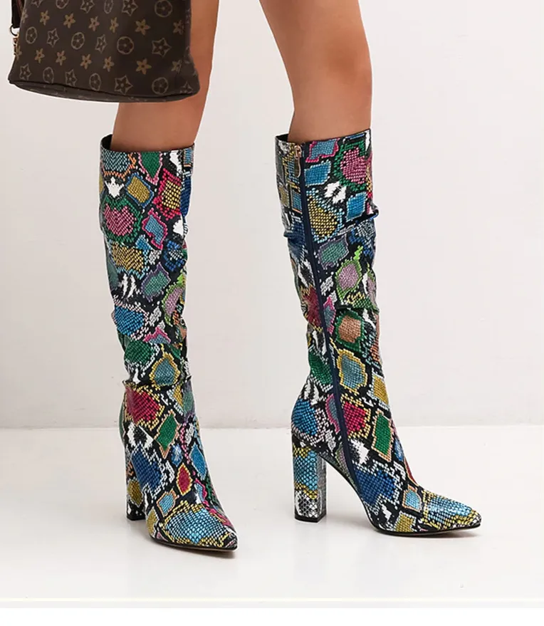 Colorful Snake Skin High Heel Thick Pointed Toe Zip Pleated Boots