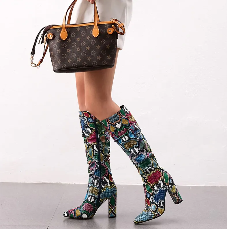 Colorful Snake Skin High Heel Thick Pointed Toe Zip Pleated Boots