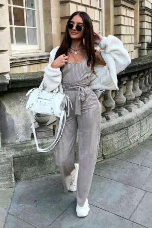 Grey Ribbed Zip Back Belted Jumpsuit - Indiya