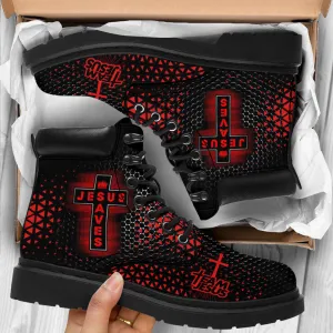 Jesus Red Black Saves Leather Boots 1 - Christian Shoes For Men And Women