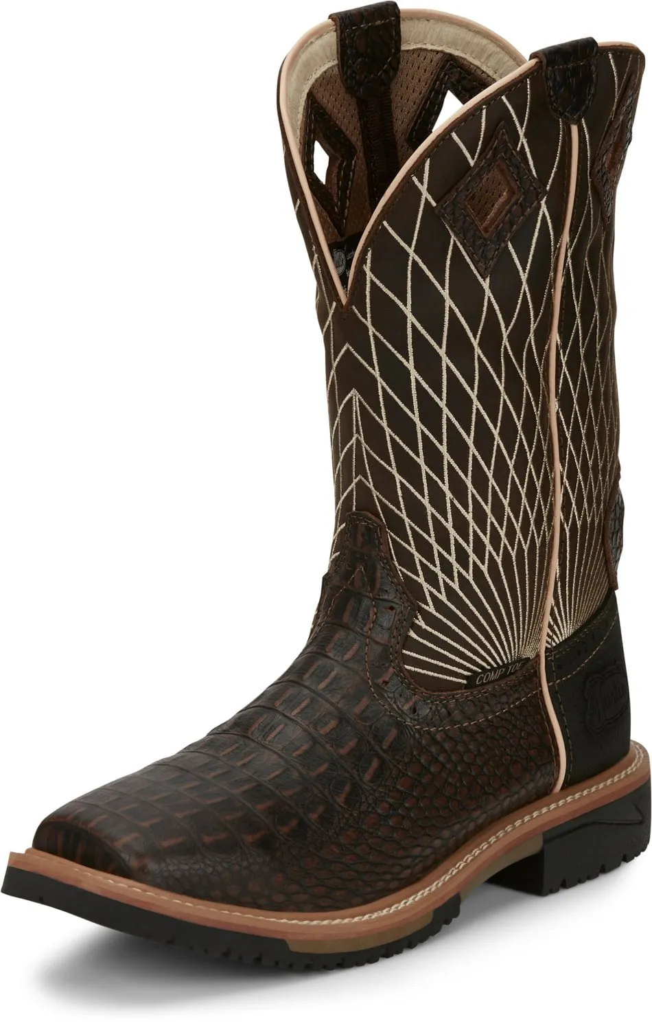 Justin Croc Print CT Mens Chocolate Derrickman Leather Work Boots