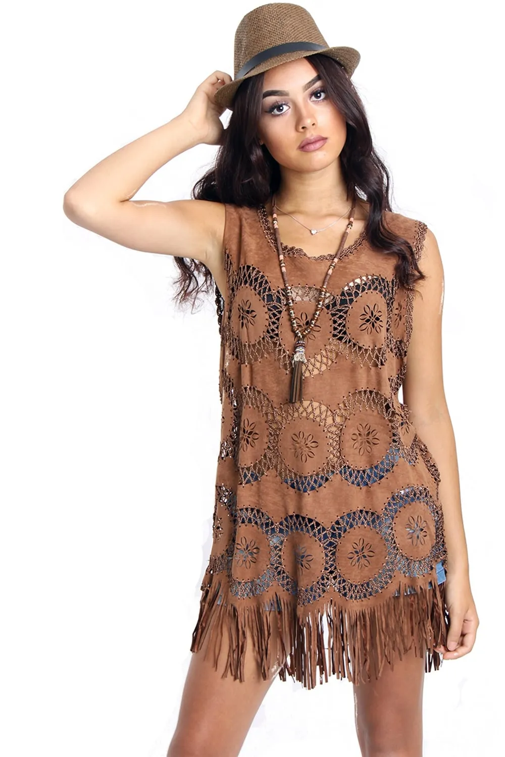 Long Fringe Faux Suede Floral Crochet Tassel Top