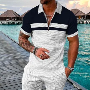 Men's Summer Fashion Short Sleeve  Zip Lapel Shirt Set