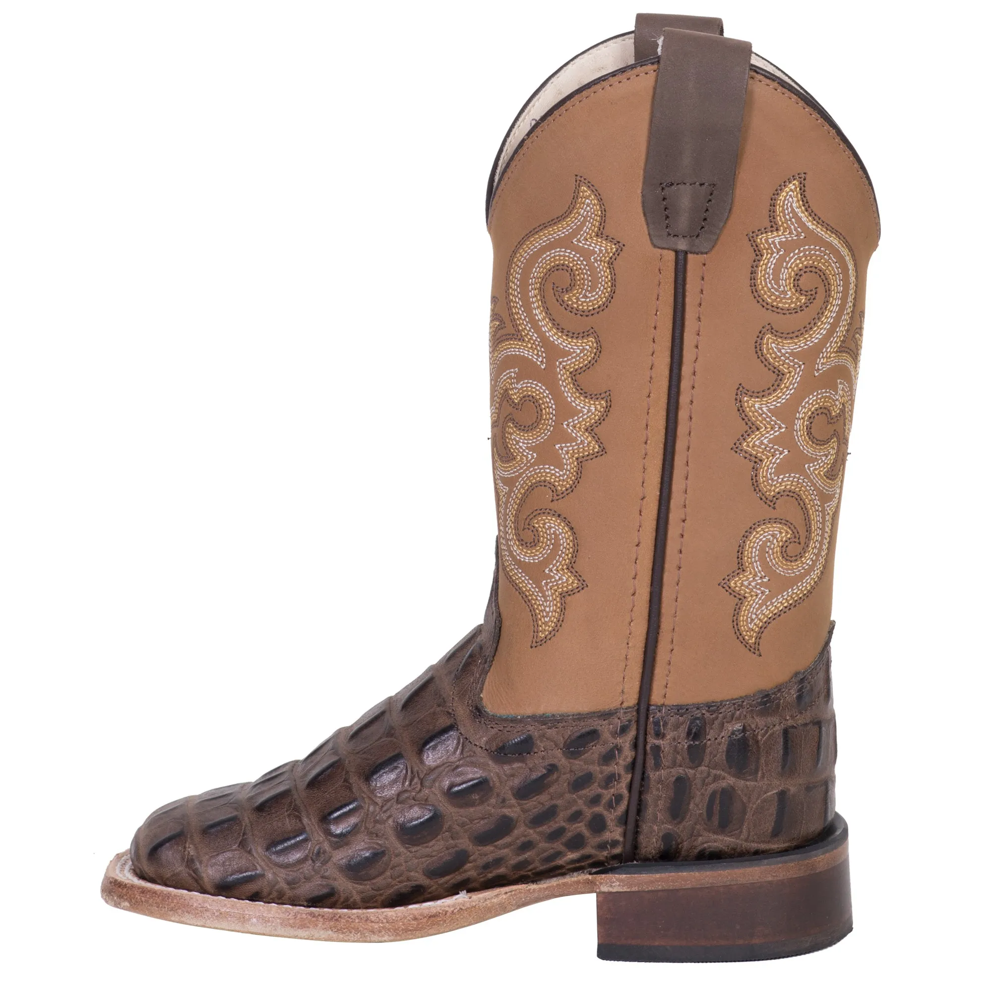 Old West Brown/Tan Kids Boys Leather Caiman Cowboy Boots