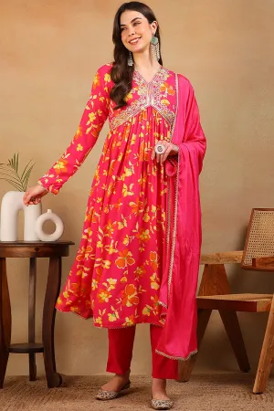 Pink Poly Georgette Floral Printed Flared Empire Suit Set