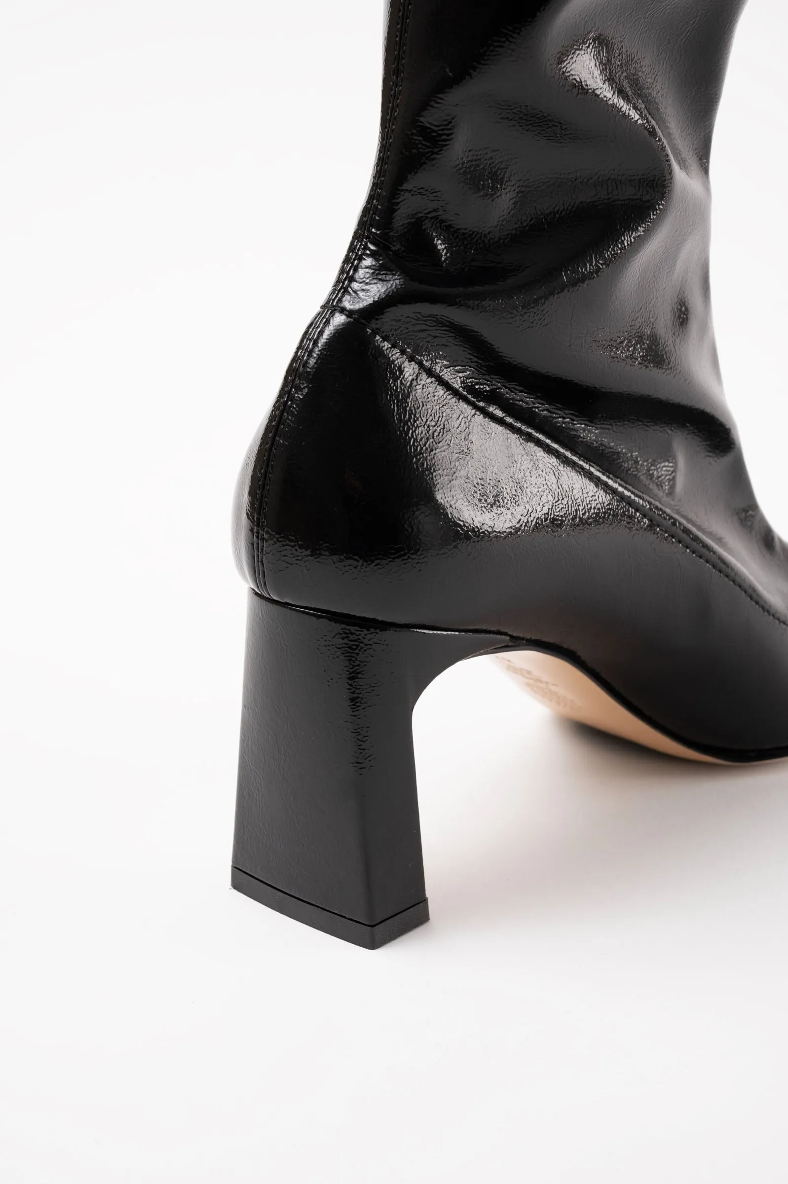 RUTH -  Black Faux Patent Stretch Leather Ankle Boots