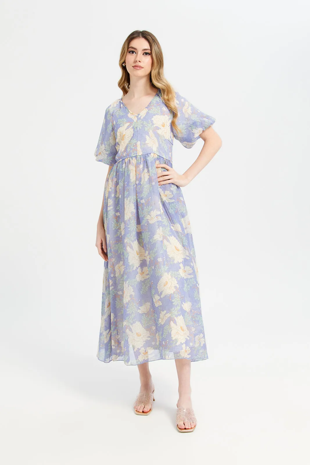 Women Blue Printed Long Dress