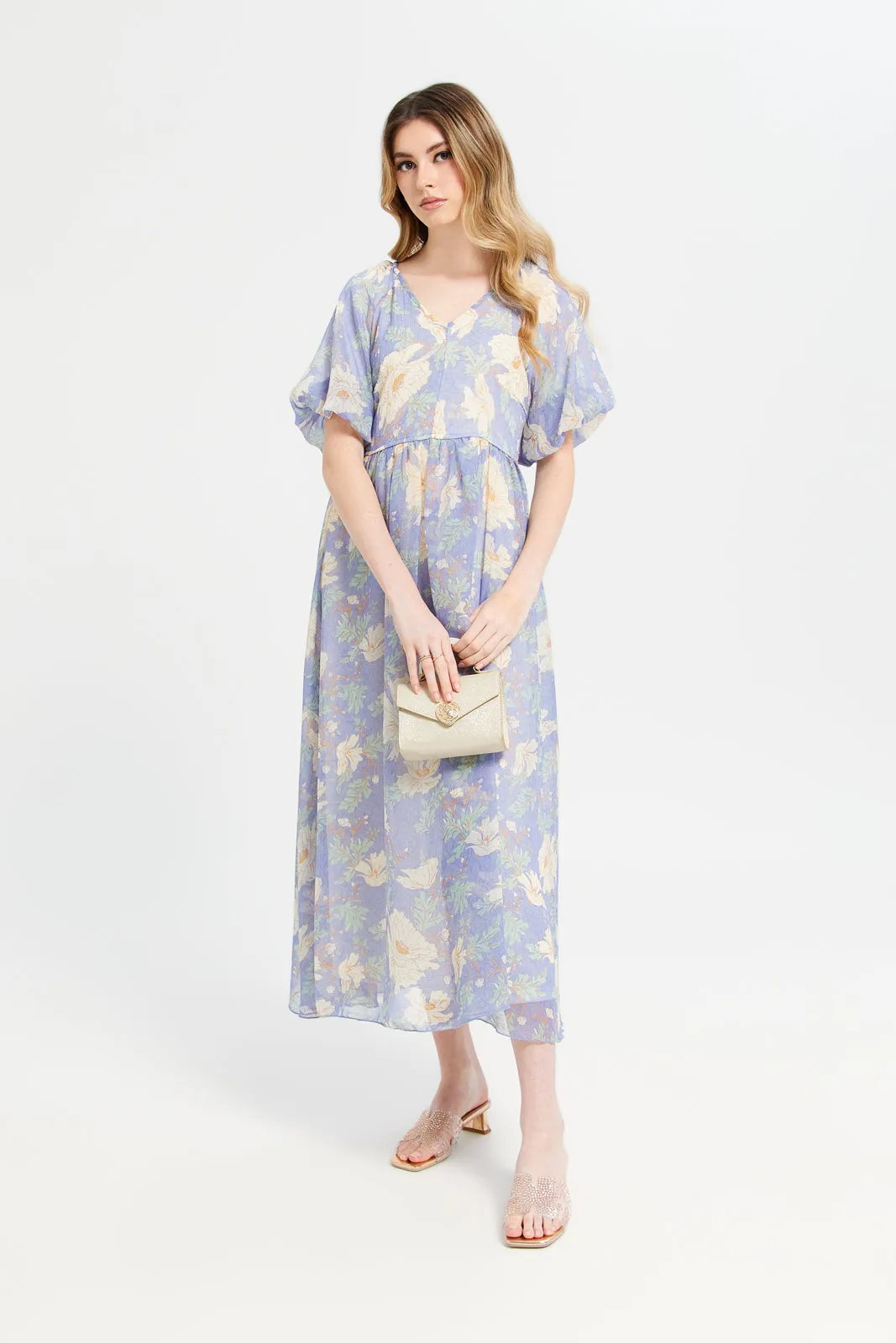 Women Blue Printed Long Dress