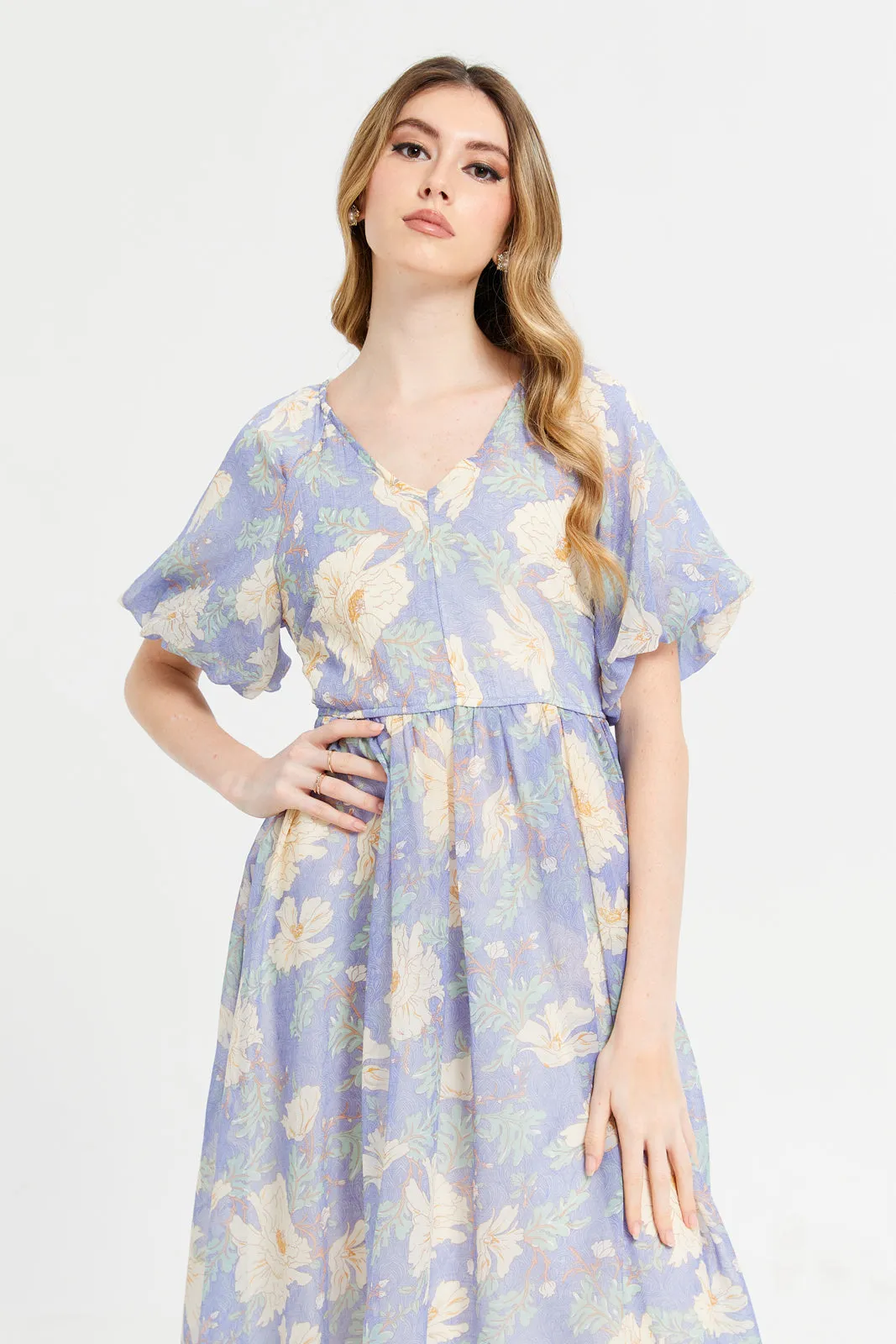 Women Blue Printed Long Dress