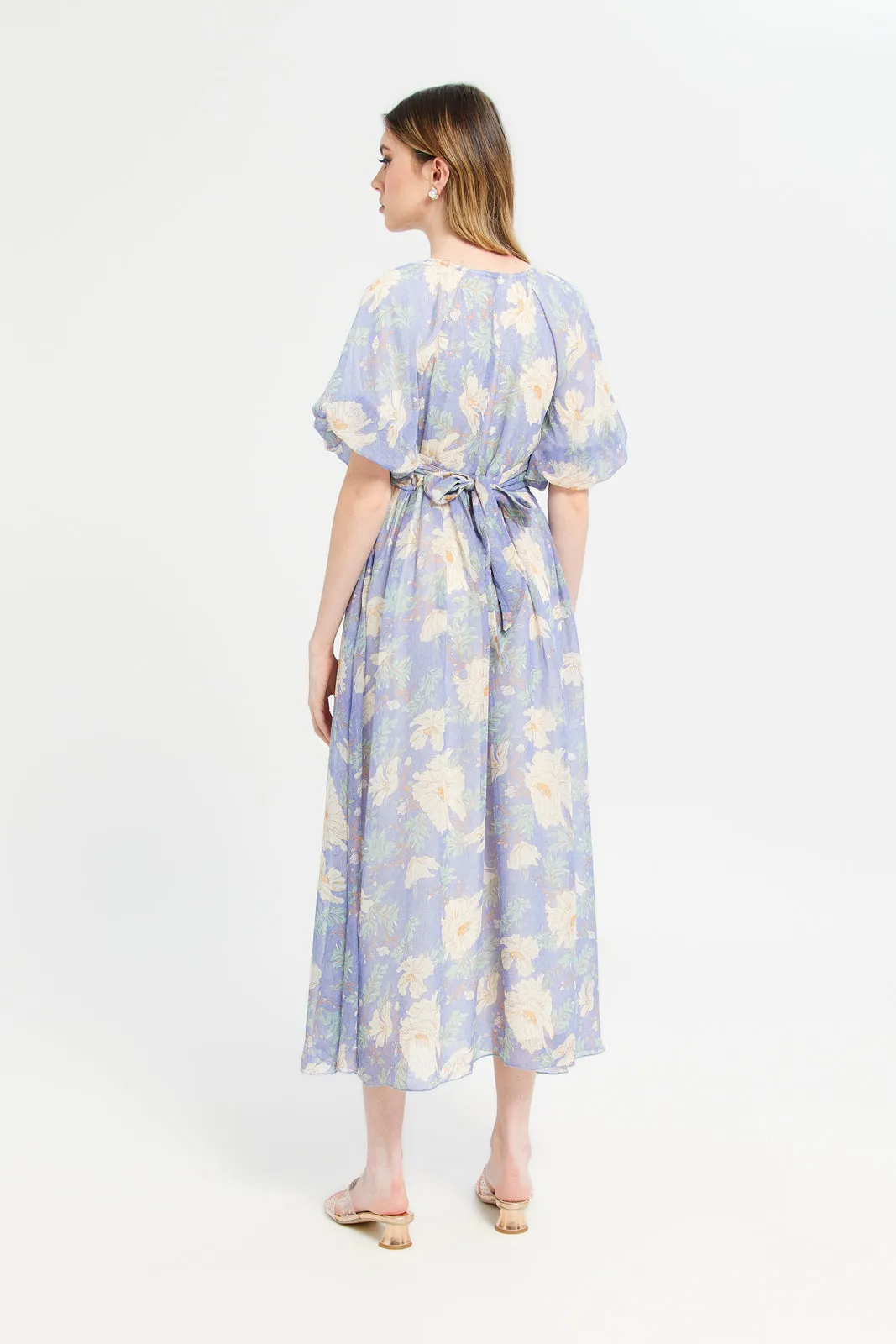 Women Blue Printed Long Dress