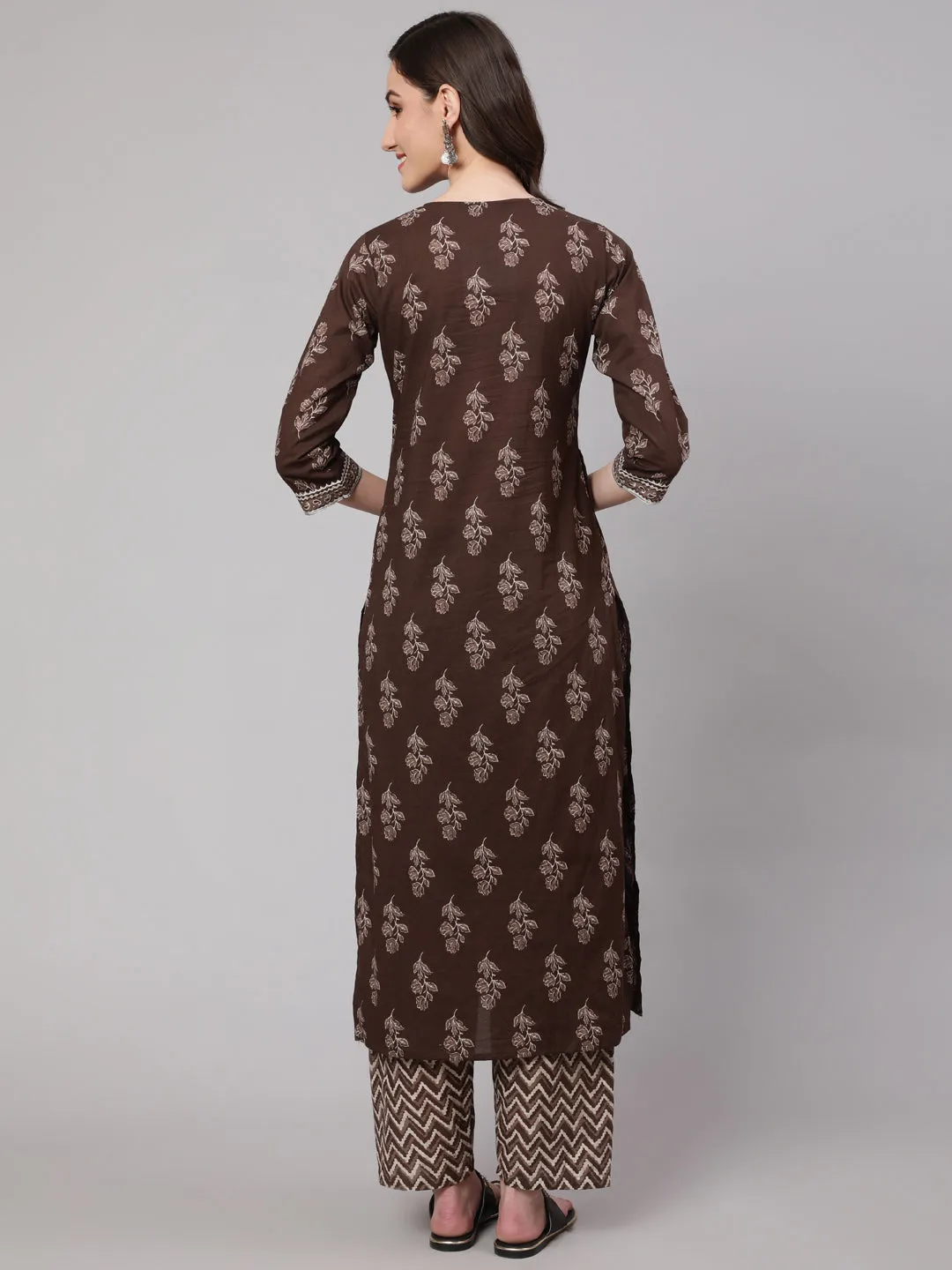 Women Brown Floral Printed Straight Kurta With Palazzo