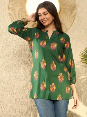 Women Green Cotton Blend Floral Printed Regular Tunic