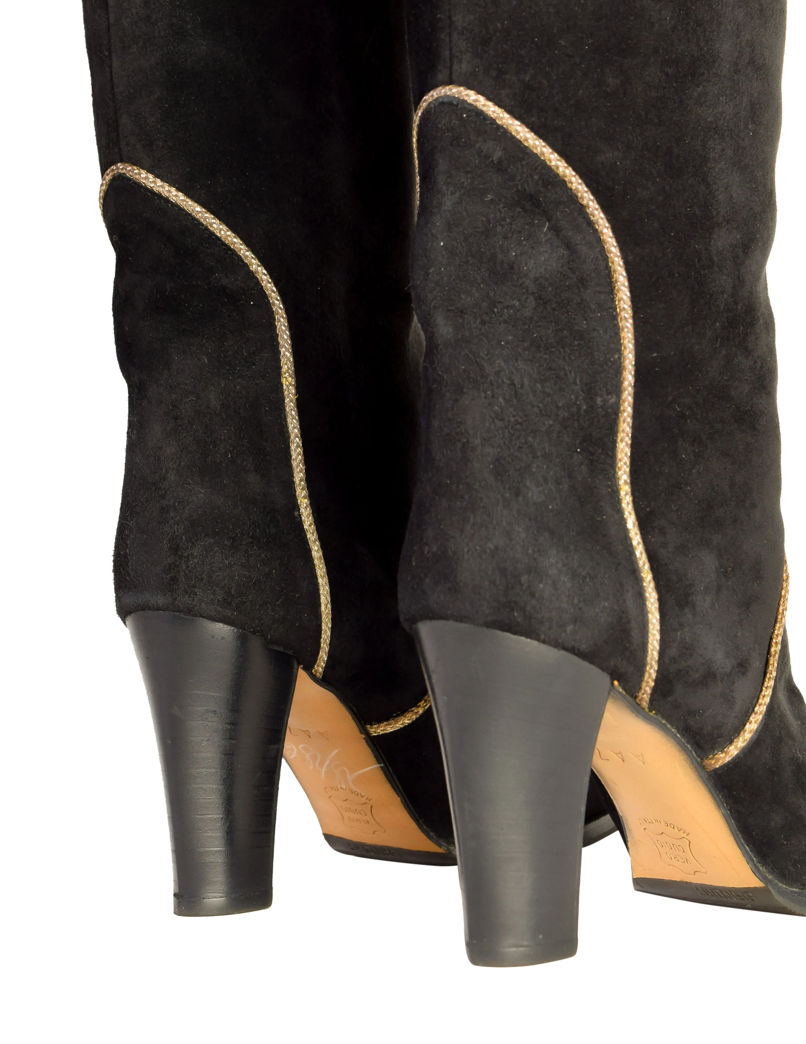 Yves Saint Laurent Vintage AW 1976-77 Black Suede Gold Tassel Knee High Heeled Boots