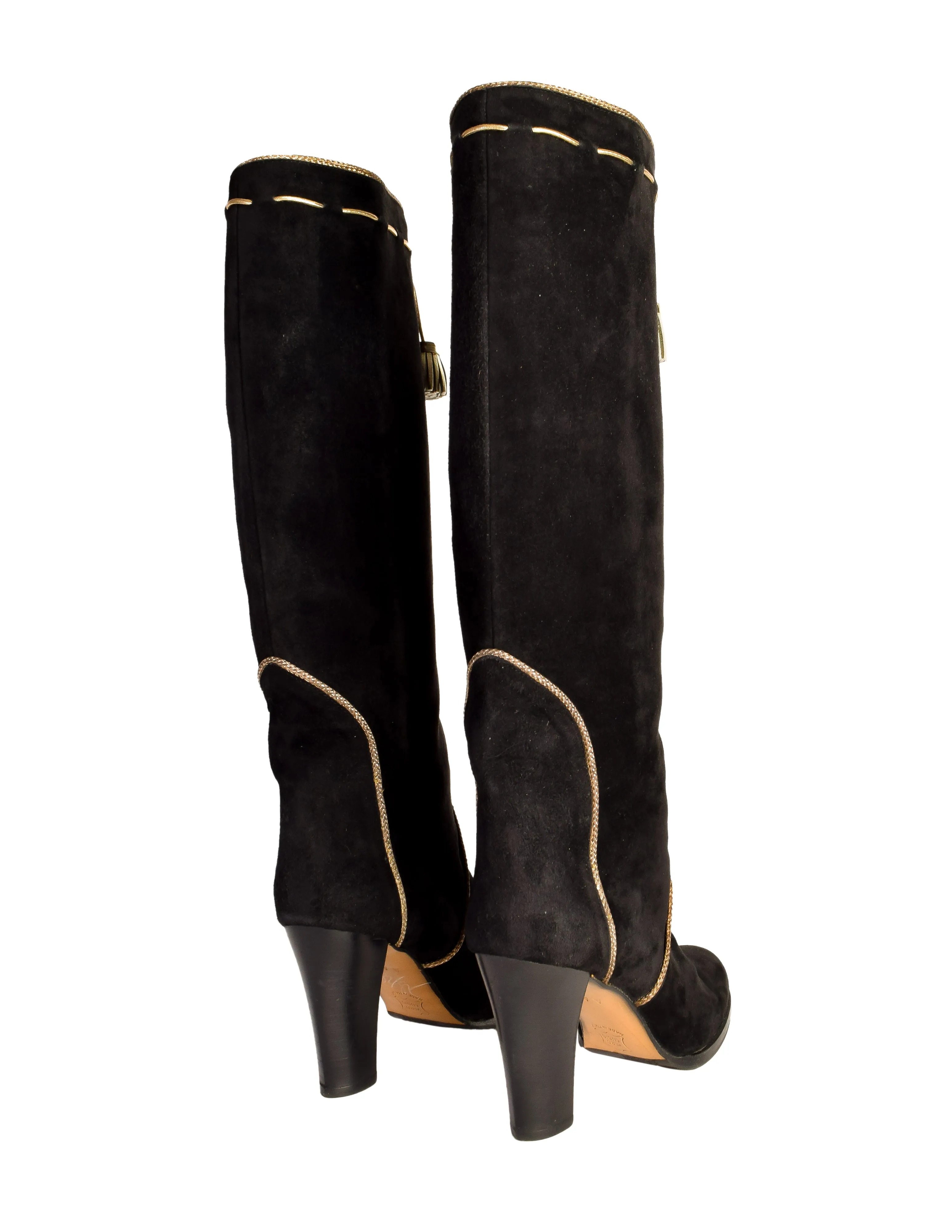 Yves Saint Laurent Vintage AW 1976-77 Black Suede Gold Tassel Knee High Heeled Boots