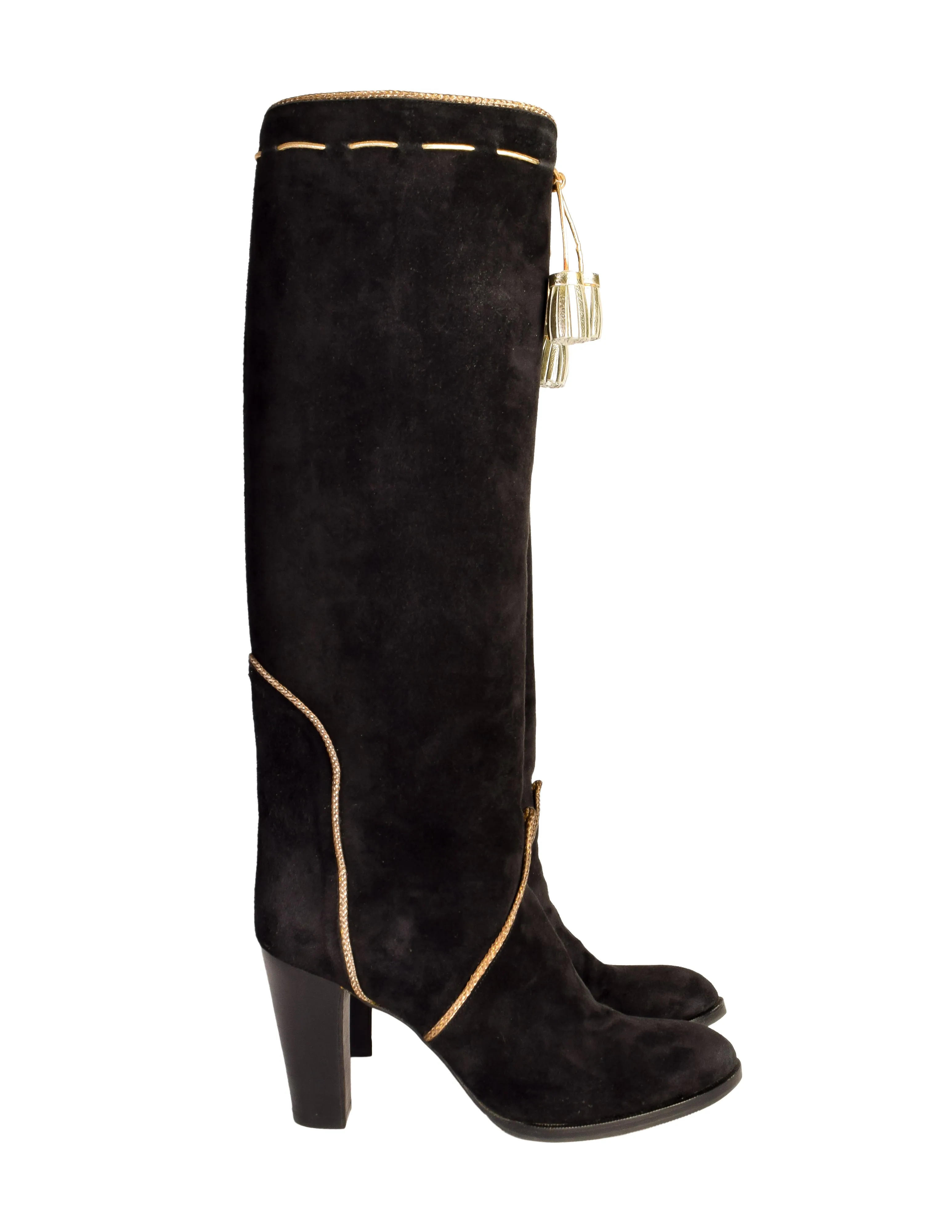 Yves Saint Laurent Vintage AW 1976-77 Black Suede Gold Tassel Knee High Heeled Boots