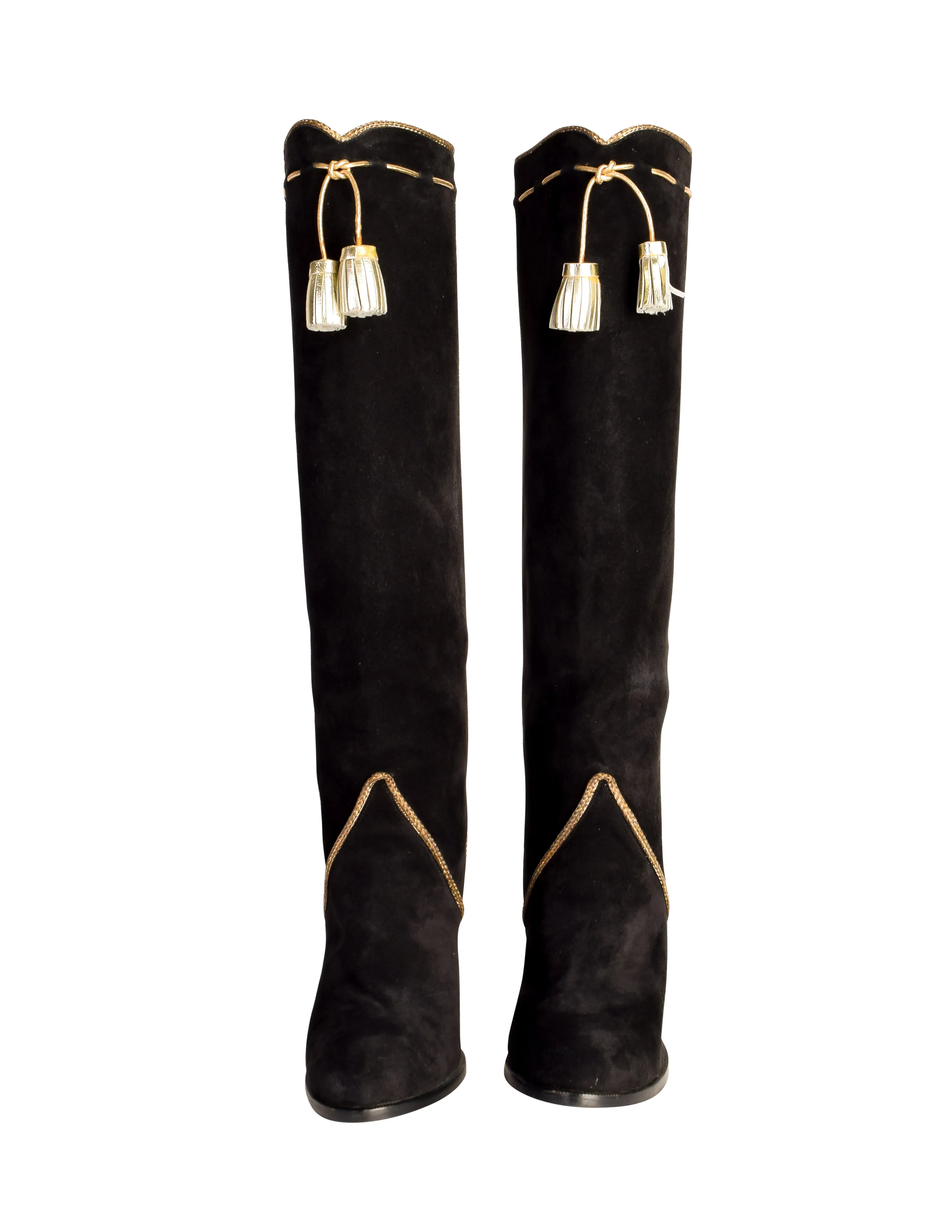 Yves Saint Laurent Vintage AW 1976-77 Black Suede Gold Tassel Knee High Heeled Boots