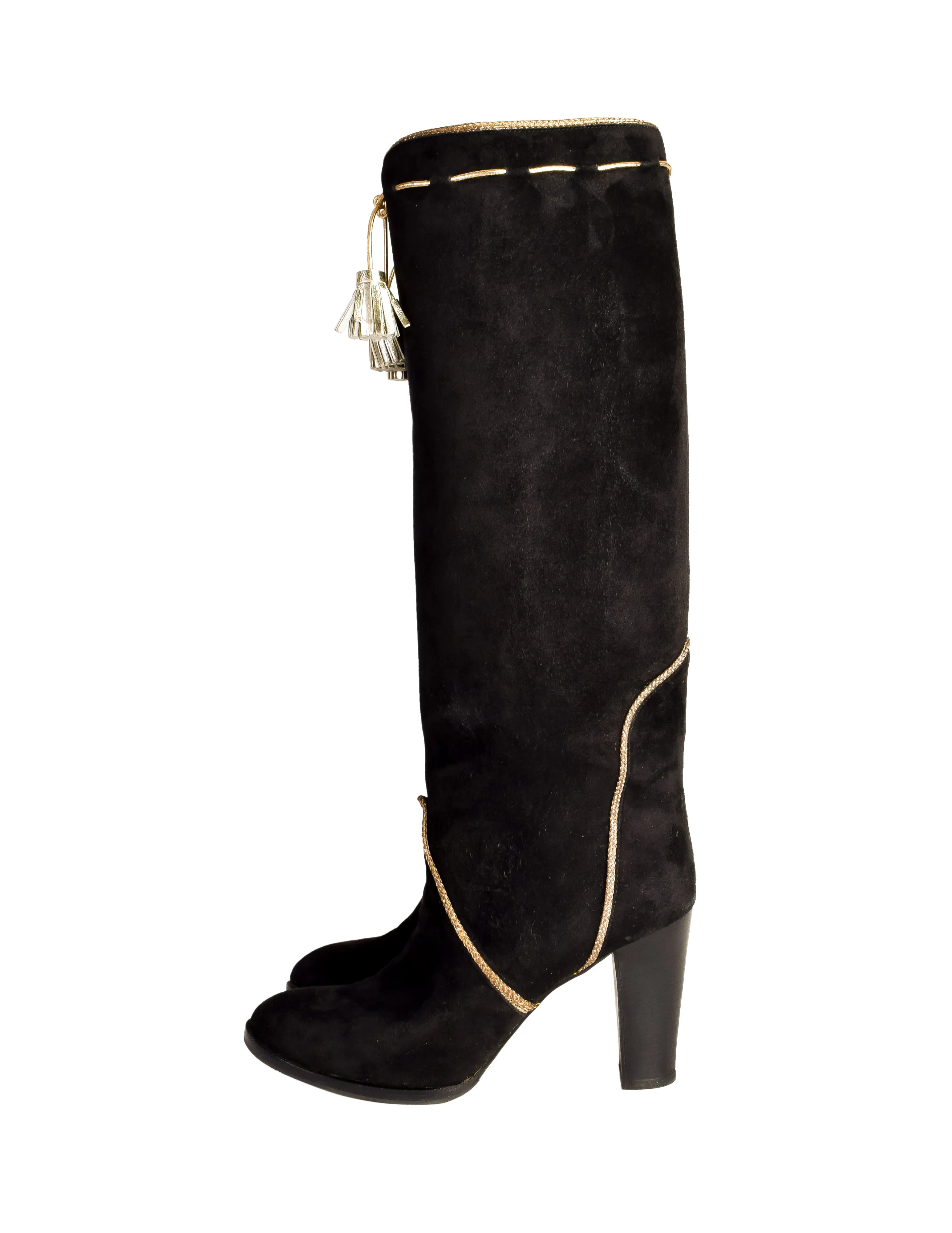 Yves Saint Laurent Vintage AW 1976-77 Black Suede Gold Tassel Knee High Heeled Boots