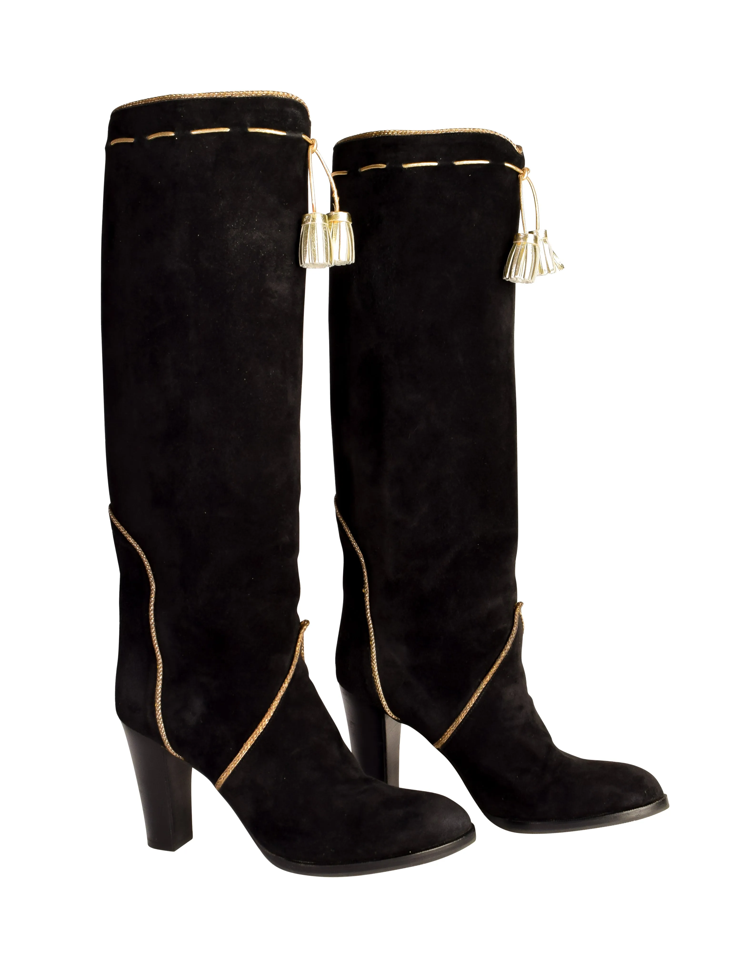 Yves Saint Laurent Vintage AW 1976-77 Black Suede Gold Tassel Knee High Heeled Boots