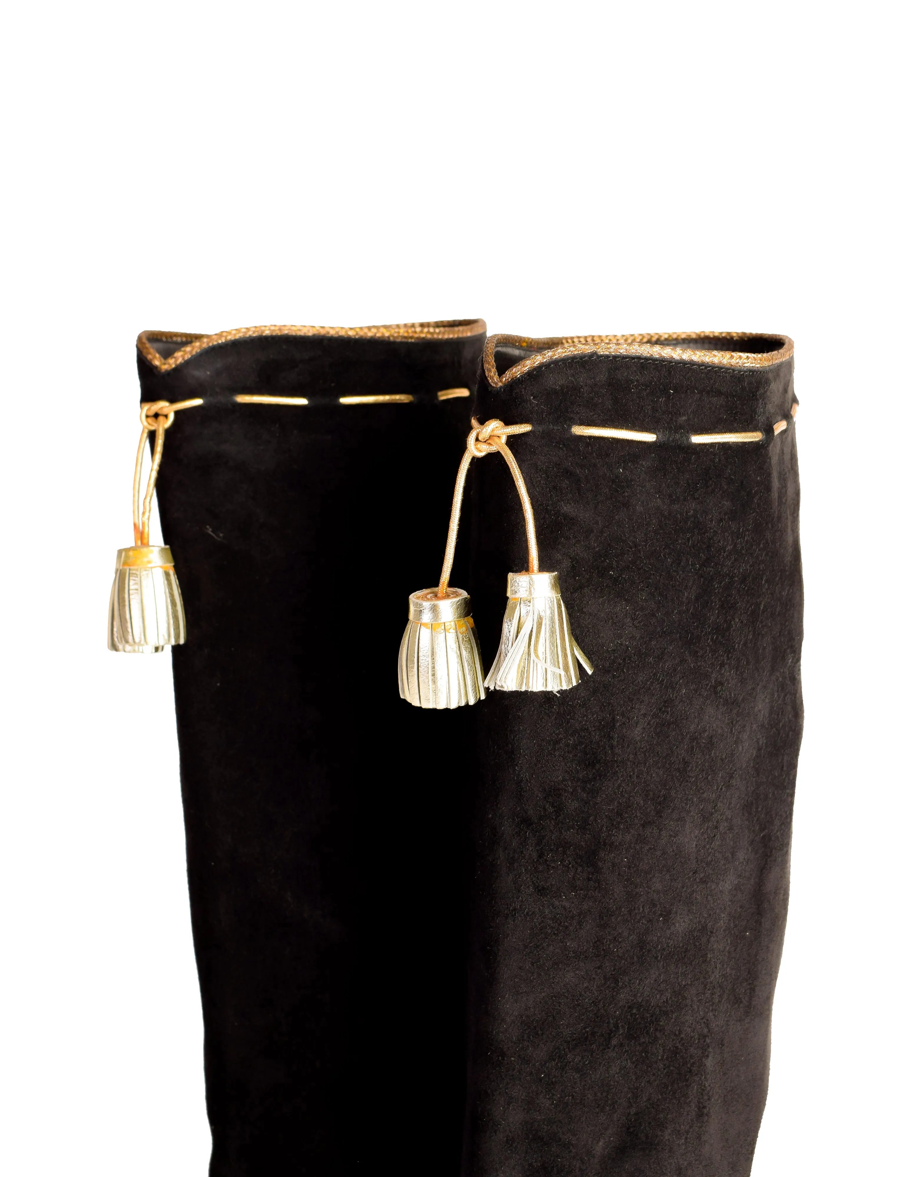 Yves Saint Laurent Vintage AW 1976-77 Black Suede Gold Tassel Knee High Heeled Boots